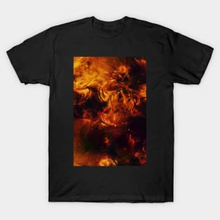 Molten Fire Burst Flames Black and Orange Abstract Artwork T-Shirt